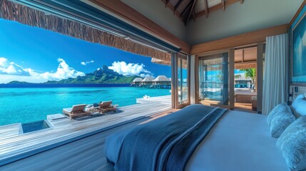 Fototapeta premium Overwater bungalow bedroom, lagoon view, French Polynesia, luxury vacation
