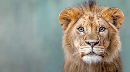 Fototapeta premium close up of lion face with piercing eyes and golden mane, showcasing its majesty