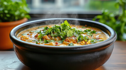 steaming bowl of rich, spicy noodle soup topped with fresh herbs