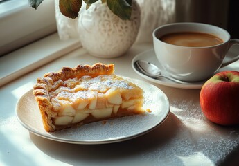 Freshly Baked Apple Pie Slice with Powdered Sugar Served with Coffee and Red Apple on Rustic Table by Sunlit Window