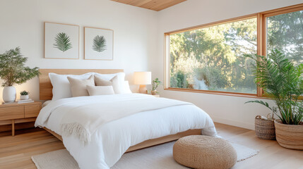 cozy eco friendly bedroom with organic cotton bedding and natural light