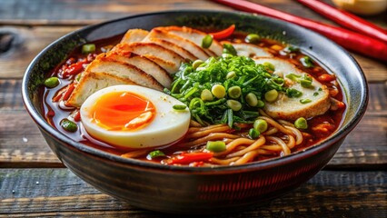 Delicious Spicy Ramen Noodles:  Authentic Japanese Cuisine,  Hot Broth,  Chilli, Egg, Pork,  Noodle Bowl, Food Photography, Asian Food