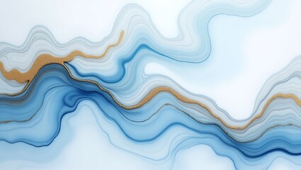 Abstract fluid art in shades of blue and white with gold accents