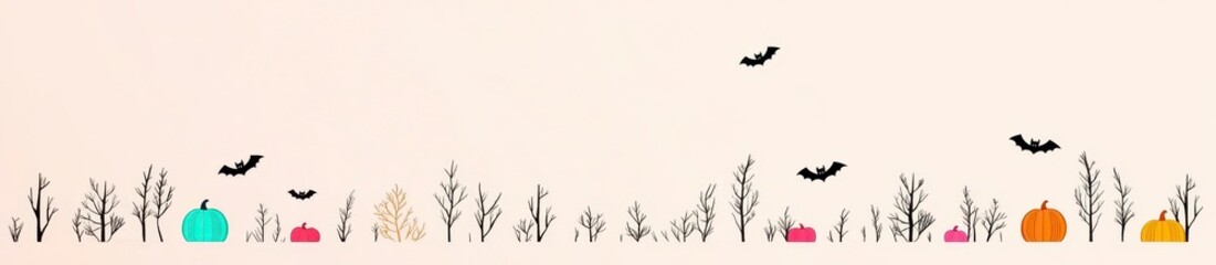 Halloween Themed Background with Trees, Bats, and Colorful Pumpkins