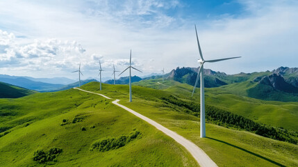 Aerial view of wind farm with turbines on green hills under blue sky