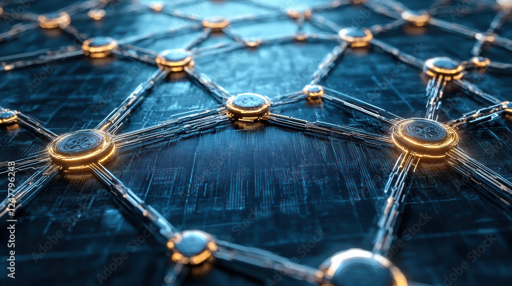 Poster futuristic 3d illustration of interconnected blockchain technology network