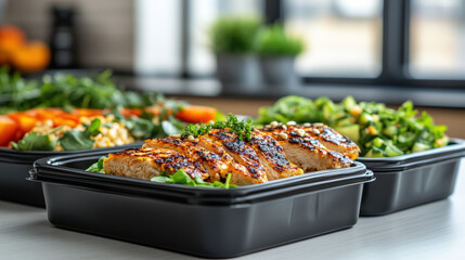 Obraz premium Healthy meal prep with grilled chicken and fresh vegetables