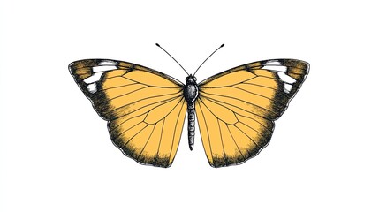 Obraz premium Detailed illustration of a yellow butterfly with black outlines and white accents on its wings, isolated on a white background.
