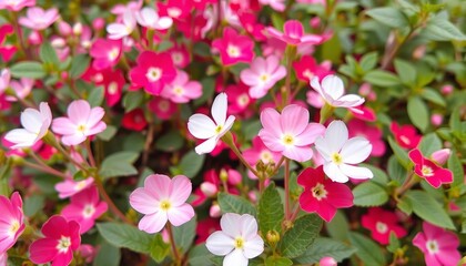 Beautiful pink and white flowers in full bloom with a colorful background in a spring garden