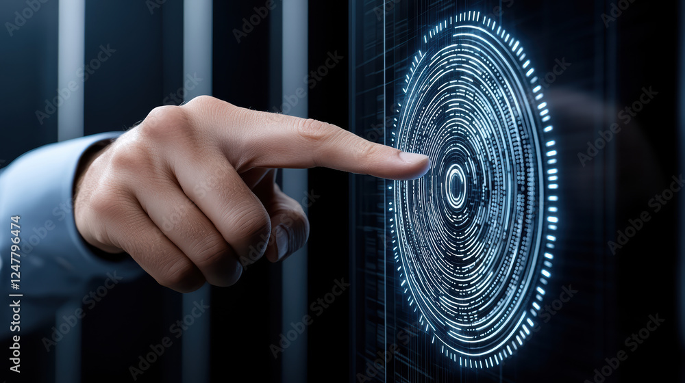 Poster hand interacting with futuristic digital fingerprint scanner interface