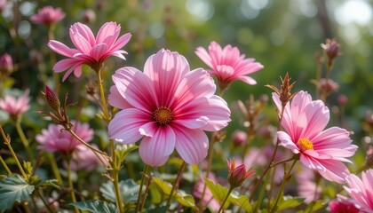 Fototapeta premium Beautiful pink and white flowers in full bloom with a colorful background in a spring garden