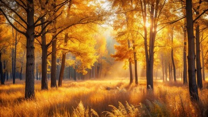 Fototapeta premium Golden Sunlight Illuminates Autumnal Woodland, Trees Bathed in Warm Light, Grassland Gleaming