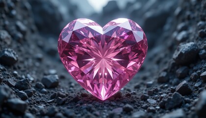 A pink heart gemstone on a black background, symbolizing love and romance, featuring a 3D crystal-like shape with a jewel effect