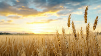 Naklejka premium Golden wheat field swaying in wind under dramatic sunset sky