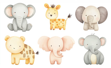 Cute Hand-Drawn Animal Characters with Soft Colors and Friendly Expressions
