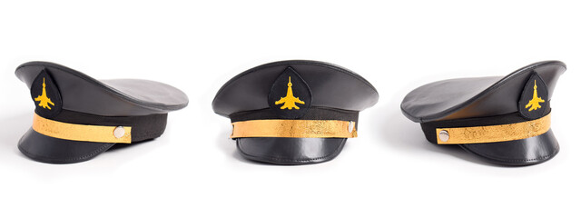 Set of Airline pilot cap with gold emblem, isolated on a white background