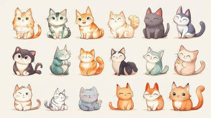 Cute Cartoon Cats Collection with Various Breeds and Expressions
