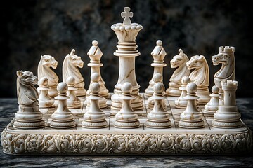 Fototapeta premium Elegant White Marble Chess Set Ready for Strategic Play