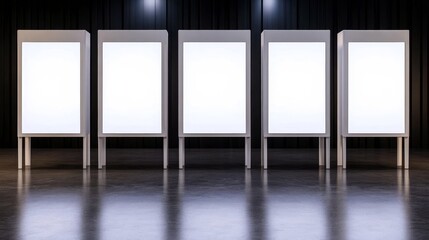 Five illuminated blank display boards arranged in a modern exhibition space with dark surroundings