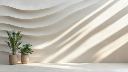 Minimalist interior with plants and textured wall casting shadows