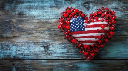 Patriotic American Flag Heart on Rustic Wood