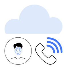 Cloud visual, facial recognition in human silhouette, calling icon with signal waves. Ideal for AI, biometrics, telecommunications, technology interfaces, data transfer systems, digital networking