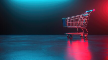 Empty shopping cart on reflective surface with neon blue and red lighting.