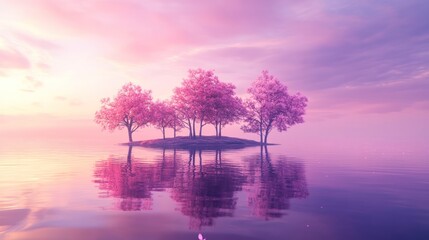 Pink trees island sunset calm lake reflection serene