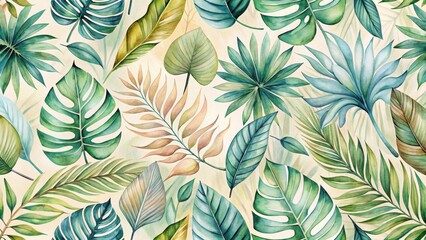 An Exquisite Watercolor Tropical Leaf Pattern Featuring a Vibrant Array of Lush Greenery and Earthy Tones