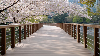 serene cherry blossom park in Seoul with wooden bridge surrounded by soft pink petals