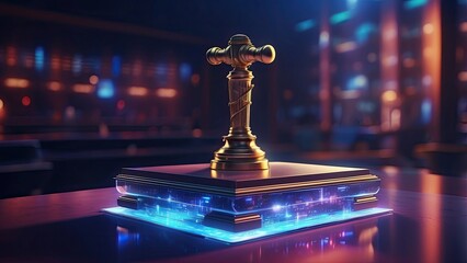 A judge's gavel is placed on a digitally rendered surface with glowing circuitry and binary code