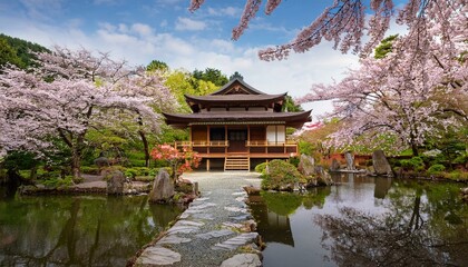 春の桜と日本庭園の茶室