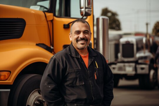 Smiling portrait of a middle aged Mexican male tow truck driver