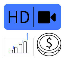 HD video icon, upward-trending bar chart, and dollar coin conveying digital quality, growth, and monetization. Ideal for streaming, finance, media, marketing analytics investment abstract line