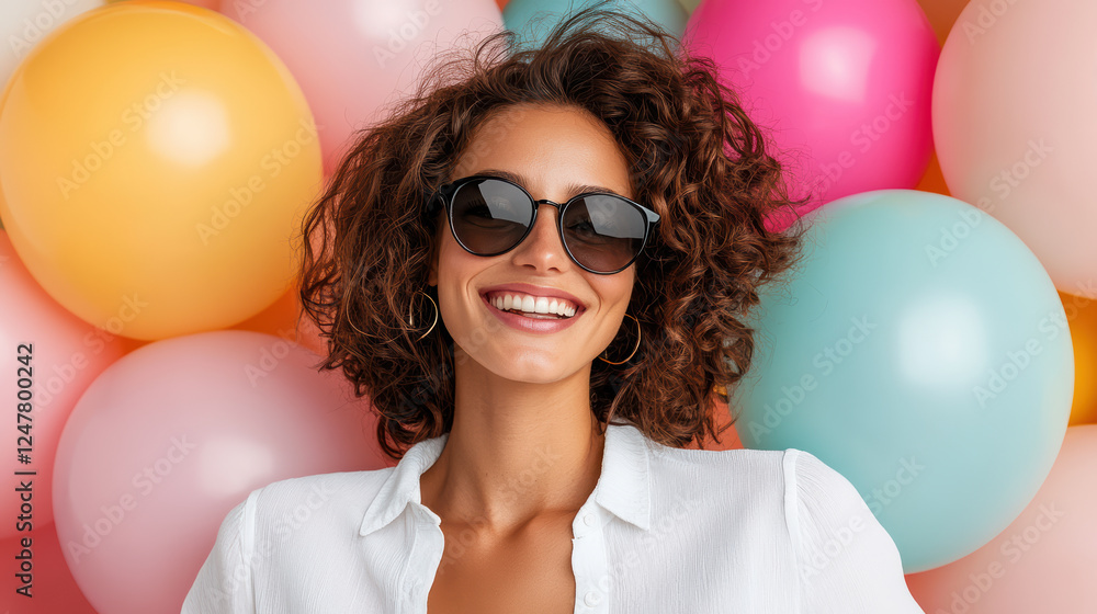 Wall mural cheerful woman in sunglasses poses playfully against colorful balloons