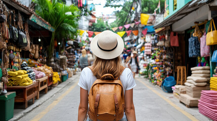 Exploring vibrant market with colorful stalls and stylish hat