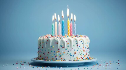 White birthday cake with blue candles on blue background with bokeh effect. Birthday celebration, Sweet sixteen, Quinceañera party, Anniversary and Wedding cake animation design