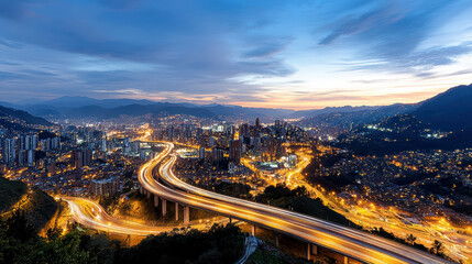 stunning aerial view of Medellin at night, showcasing vibrant city lights