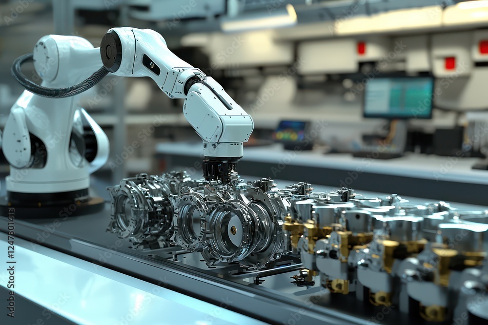 Poster car assembly line with robots working on engines.