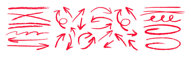 Red charcoal ovals and arrows strokes different forms. Rough charcoal arrows and lines. Brush elements for notes and underlining in text. Rough charcoal strokes