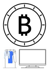 Obraz premium Bitcoin logo inside clock symbolizing time and value, with TV and hanging clothes representing technology and fashion. Ideal for cryptocurrency, time management, e-commerce, technology, fashion