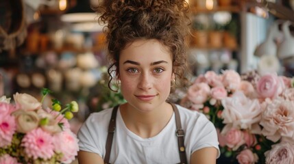 Fototapeta premium Floral Flair: A young woman florist with a warm smile and curly hair, surrounded by beautiful pastel-colored flowers, creates a vibrant and charming scene.