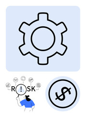 Gear symbol for processes, woman analyzing RISK with icons, and dollar symbol. Ideal for problem-solving, financial risk, optimization, management, workflow, budgeting strategy abstract line flat
