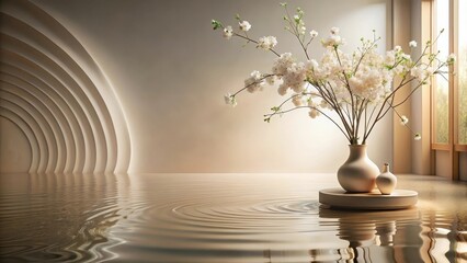 Serene minimalist floral arrangement in neutral tones, reflecting on calm water, displayed on a circular platform near an arched wall