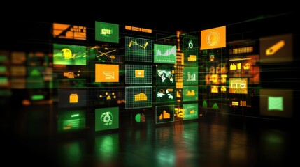Futuristic digital interface with glowing screens displaying data, graphs, and icons.
