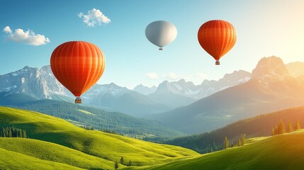 Serene Mountaintop Hot Air Balloon Adventure Breathtaking Sunrise Landscape Aerial View