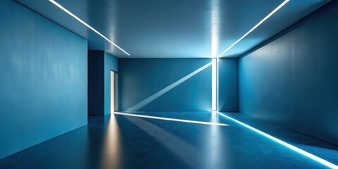 Serene Blue Interior Space with Light Beams and Minimalist Design