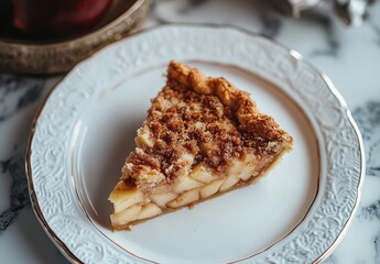 Sliced apple pie with crumb topping served on a decorative white plate against a marble background for home baking and dessert concepts