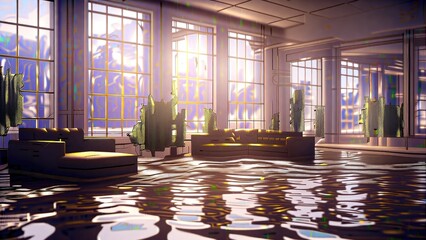 A bright room with pale walls partially flooded with water.