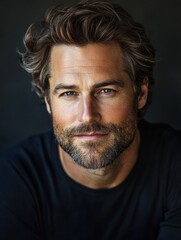 Fototapeta premium Styled Male Portrait with Natural Light, Expressive Smile, Short Wavy Hair, and Serene Background in a Minimalistic Setting